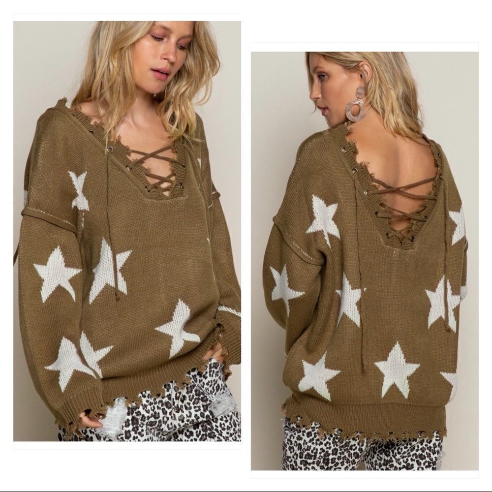 𝅺pol Boho Sweater w/ Tattered Edges & Lace-Up Front/Back